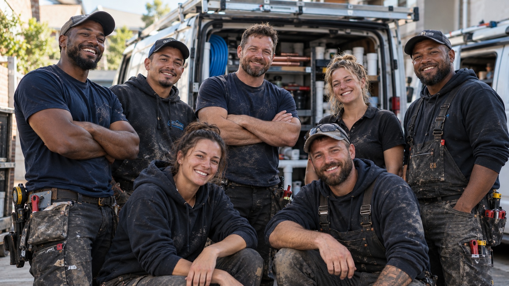 Seven members of the Clearflow team in dusty navy workwear, smiling in front of an open van stocked with pipes and fittings