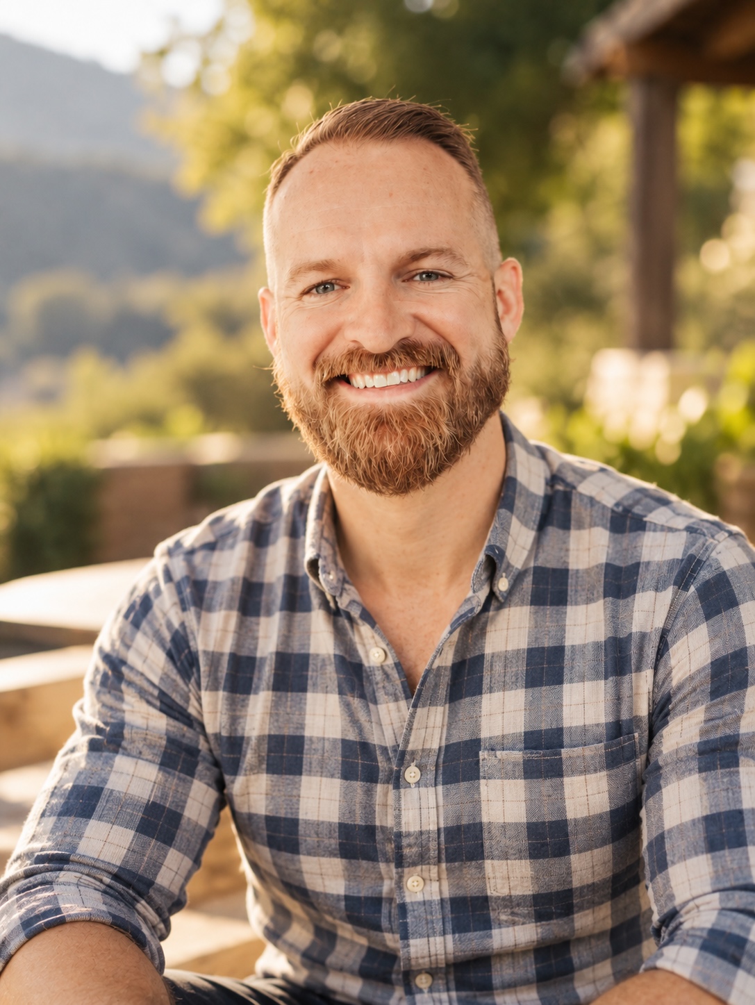 Terry smiling in a checked shirt, sitting outside in the sun