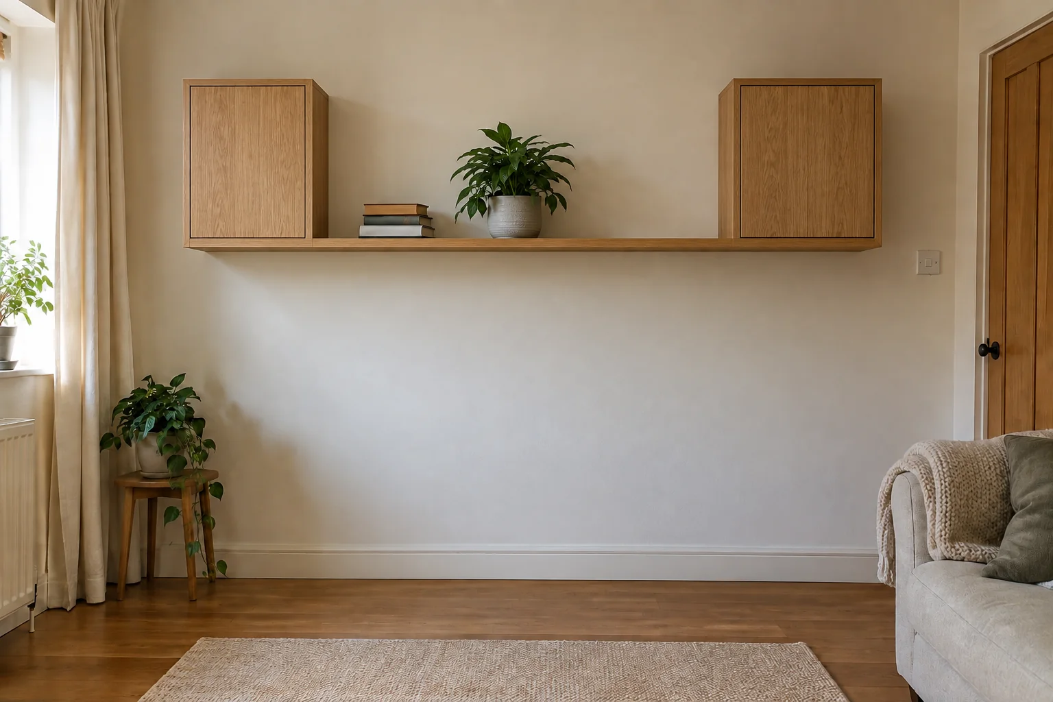 A room with a straight wall shelf and two cupboards, with books and a plant on the shelf and the floor clear