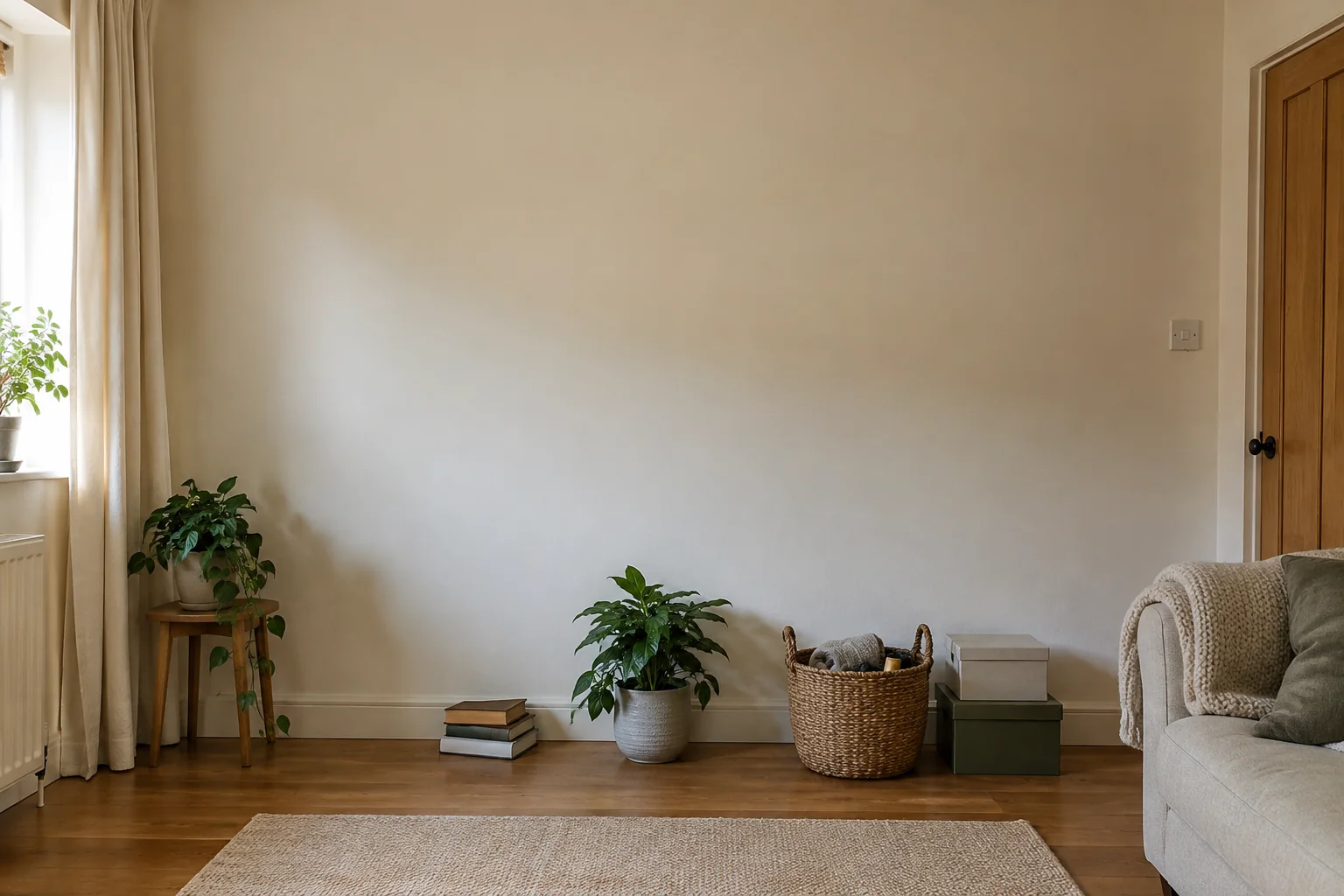The same room before storage is installed, with books, a plant, a basket and boxes on the floor