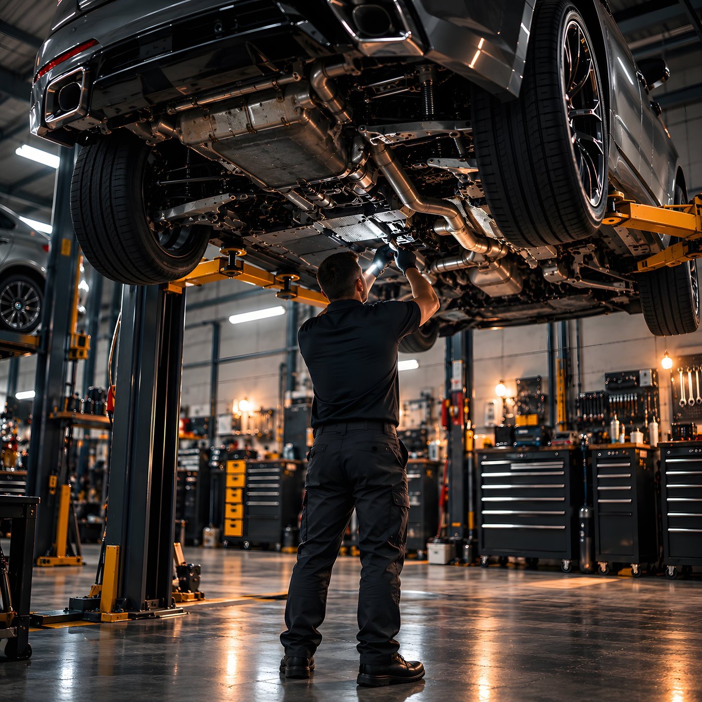 A mechanic inspecting the underside of a car raised on a workshop lift