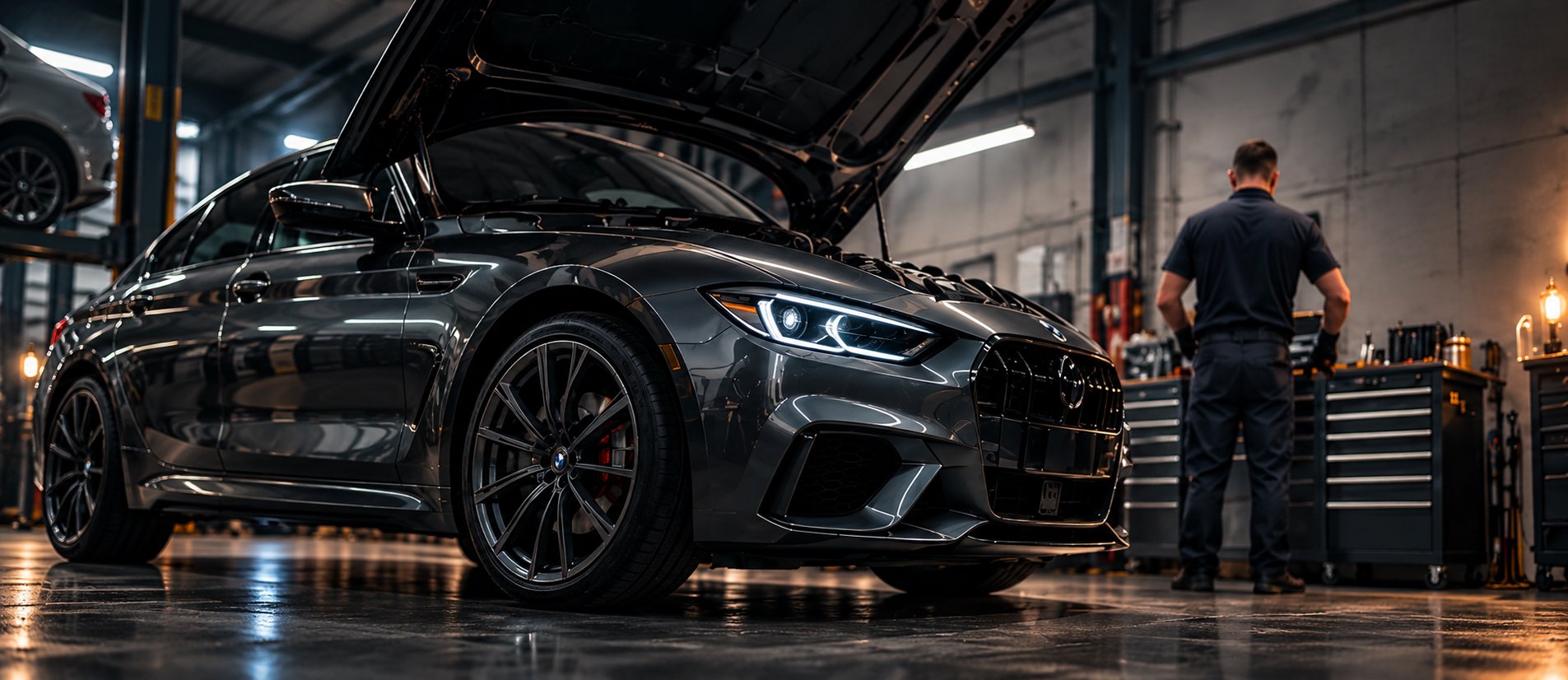 A dark grey car in a workshop with its bonnet open while a mechanic works nearby