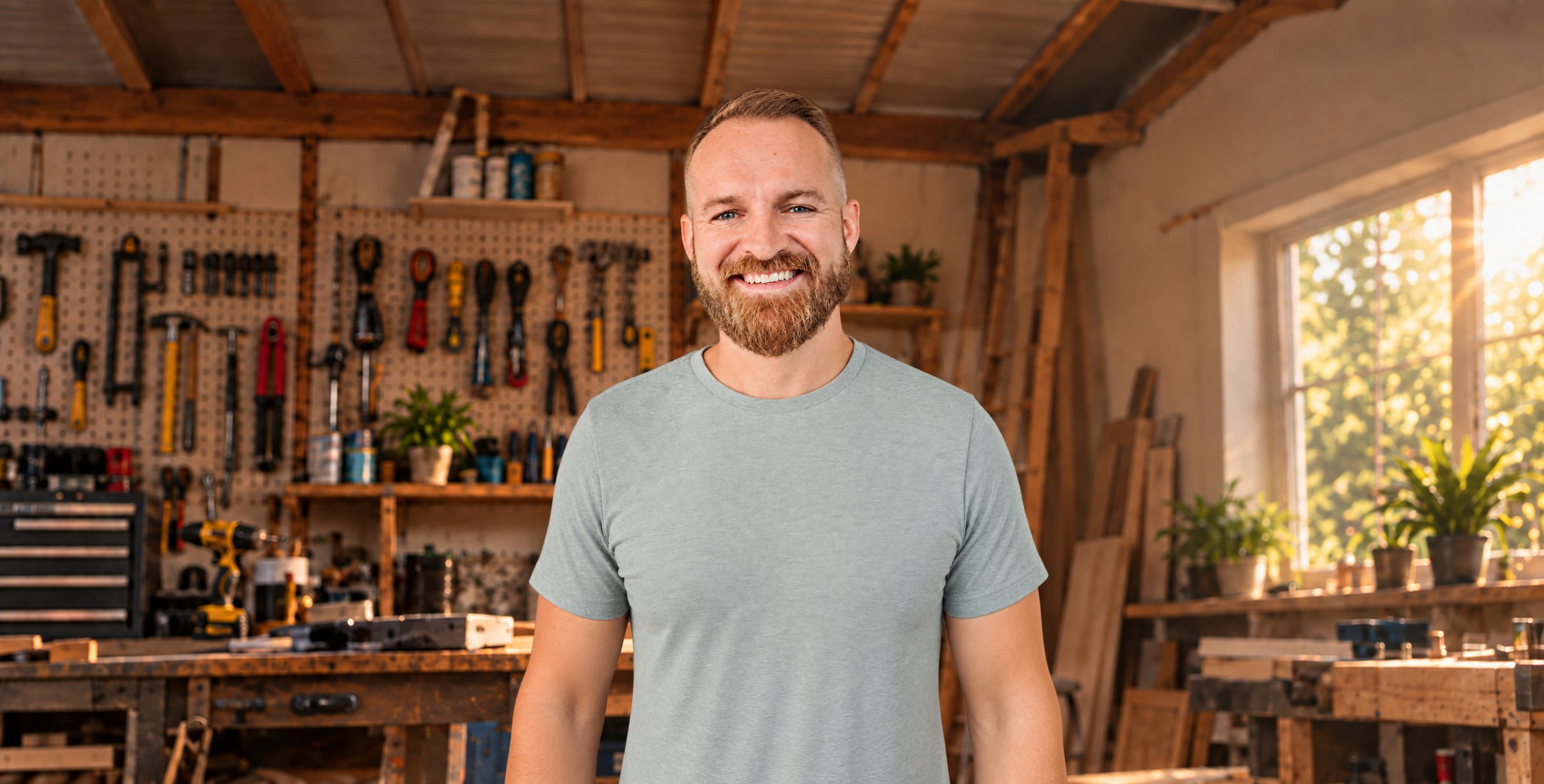 A smiling handyman standing in a warmly lit workshop